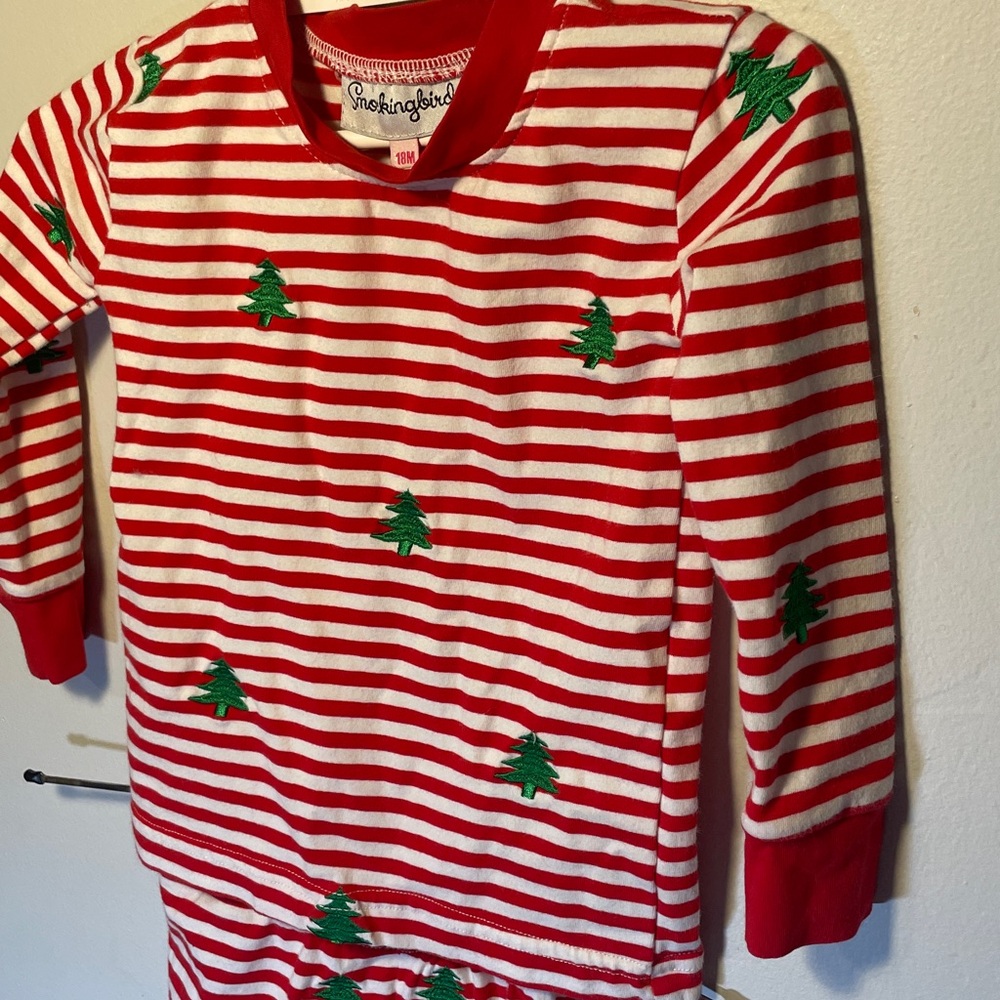 Smockingbird Embroidered Christmas Tree Striped Pajama Set